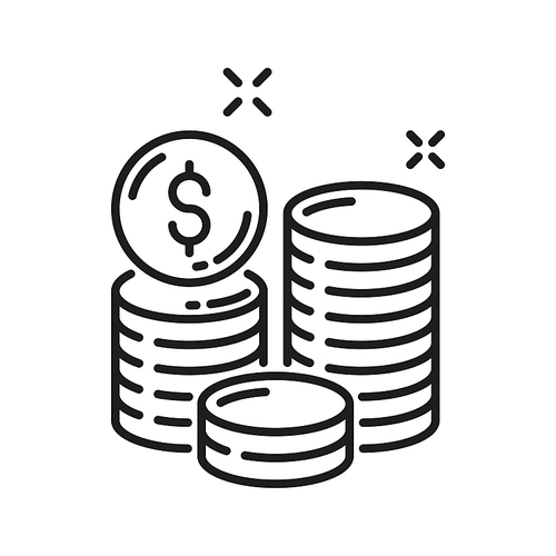 Money coins heap stack isolated thin line icon. Vector financial loans, credit and cash. Money currency and debt, business earnings, transfer and transaction, charity payments, investment, inflation