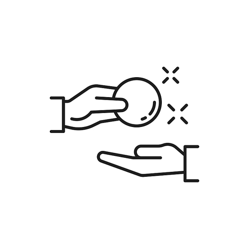 Hand giving and receiving cash isolated thin line icon. Vector donation, funding, payday, bribe concept. Pay for something, money refund, cashback or loan, reward or return coins, change, price off
