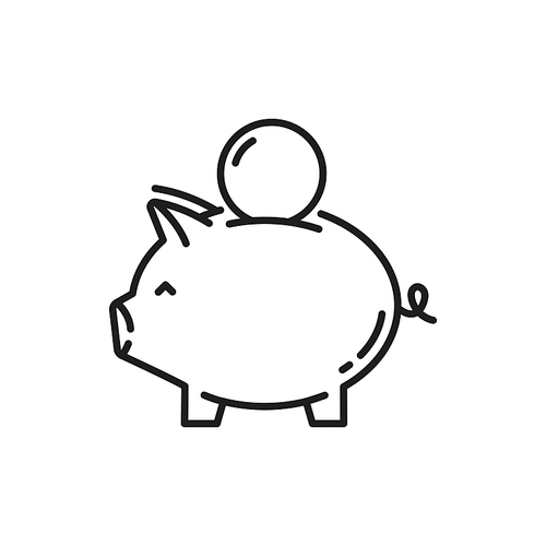 Pig bank with coin isolated thin line icon. Vector save money concept, piggy animal moneybox pictogram. Financial economy and deposit, bonus revenue symbol. Poverty and debt, save money concept
