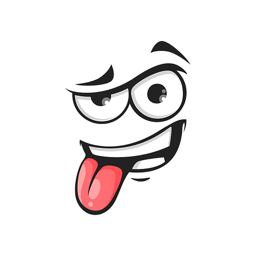 Cartoon face show pink tongue, vector naughty comic character teasing and fooling facial expression. Funny emoji isolated personage