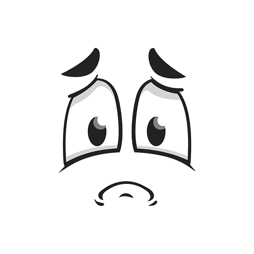 Cartoon sad face, vector plaintive look, unhappy or upset emoji personage. Tragic facial expression with corners of the mouth curve down. Isolated character negative feelings, sadness emotion
