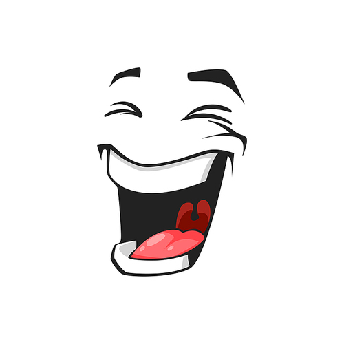 Cartoon laughing face, vector happy emoji, facial expression with wide open laugh toothy mouth and closed eyes. Positive feelings isolated on white background