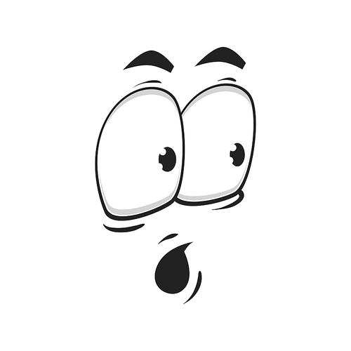 Cartoon surprised face, vector funny emoji. Astonished facial expression with wide goggle eyes and open mouth, wow feelings isolated on white background