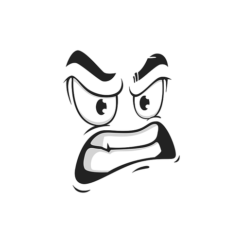 Cartoon face with gnash teeth, vector angry emoji with evil eyes. Negative facial expression, wicked feelings, comic face with furrowed brows and toothy mouth isolated on white background