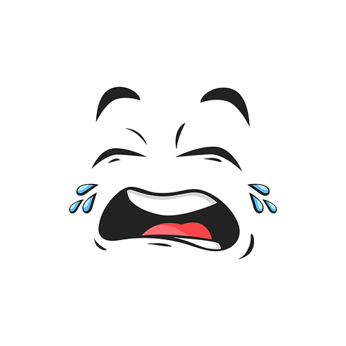 Cartoon crying face, upset emoji with tears falling from eyes. Vector dissatisfied facial expression, weepie, crybaby unhappy negative feelings isolated on white background