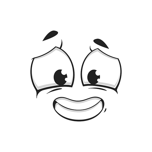 Confused cartoon face, vector guilty smiling character. Hangdog emoji, funny facial expression, in fault human feelings, comic smile emotion isolated on white background