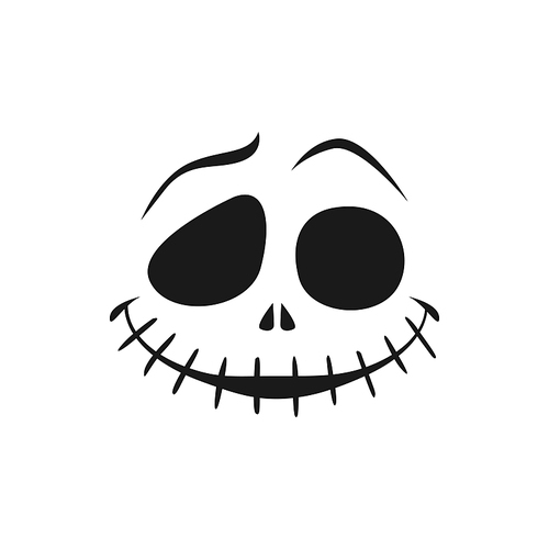 Halloween face vector icon, scary evil smile, creepy eyes and sewn mouth with stitches. Laughing pumpkin, ghost, jack lantern emoji isolated monochrome monster emotion