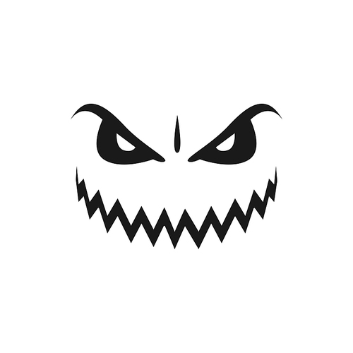 Malevolent Halloween monster, pumpkin face vector icon. Scary evil emoji with toothy smile, creepy squinted eyes. Ghost, jack lantern isolated monochrome emotion