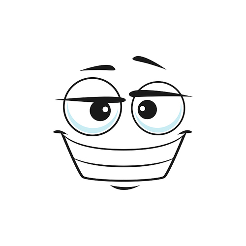 Cartoon satisfied face, vector ogle delighted smile happy facial emoji, funny character. Happiness human emotion, isolated comic face with toothy smiling mouth and goggle eyes