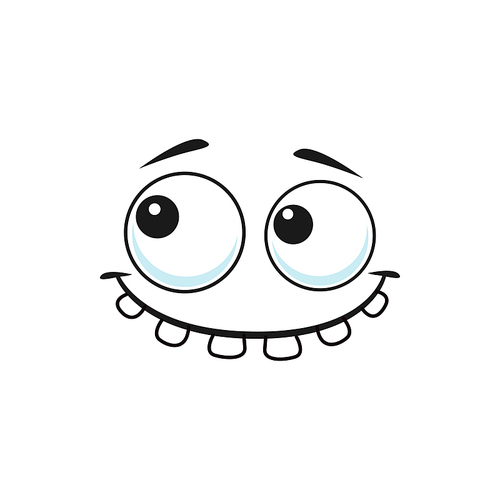 Cartoon face, vector funny emoji with crazy toothy smile, goggle eyes and raised eyebrows. Positive facial expression, good feelings isolated on white background