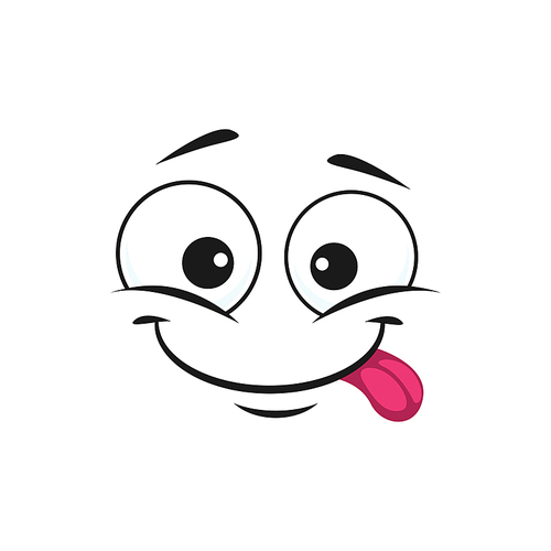 Cartoon face, happy smile vector emoji with sticking tongue. Joyful facial expression with goggle eyes, funny glad cute character, positive feelings isolated on white background