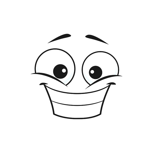 Cartoon happy face, vector wide delighted smile facial emoji, funny creature. Happiness human emotion, isolated comic face with toothy smiling mouth and squinted eyes