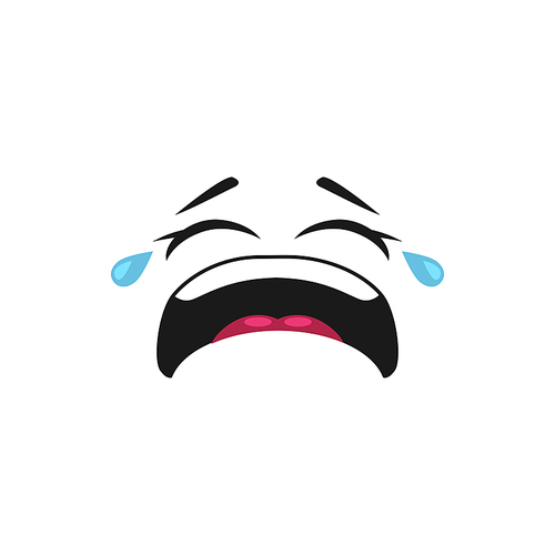 Cartoon crying face emoji, vector upset dissatisfied facial expression with tears dripping from eyes. Unhappy negative feelings, pain or grief isolated on white background