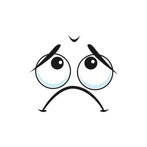 Cartoon sad face, vector negative feelings, sadness emotion, unhappy or upset emoji. Pained facial expression with pathetic eyes and closed curved mouth isolated on white background
