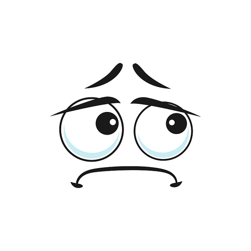 Cartoon sad face, vector unhappy or upset emoji, pained facial expression with pathetic eyes and closed curved mouth. Negative feelings, sadness emotion isolated on white background