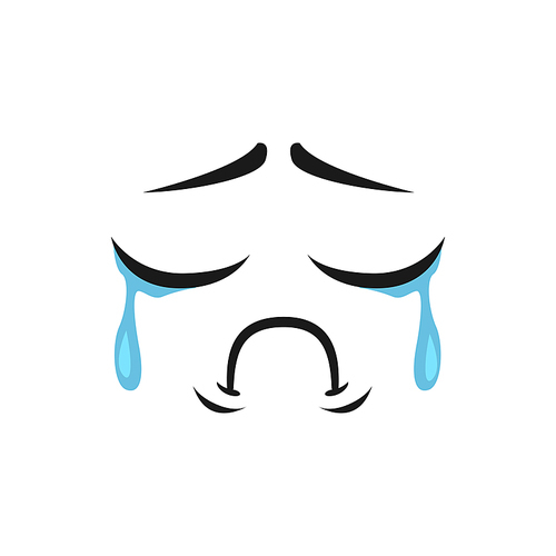 Cartoon crying face with tears dripping from wet closed eyes. Vector upset emoji, dissatisfied facial expression, funny unhappy plaintive or piteous feelings isolated on white background