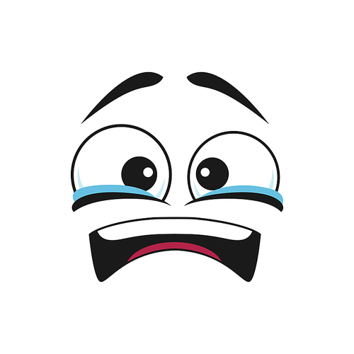 Cartoon crying face with tears in eyes, upset emoji. Vector dissatisfied facial expression, unhappy negative feelings, pain or grief isolated on white background