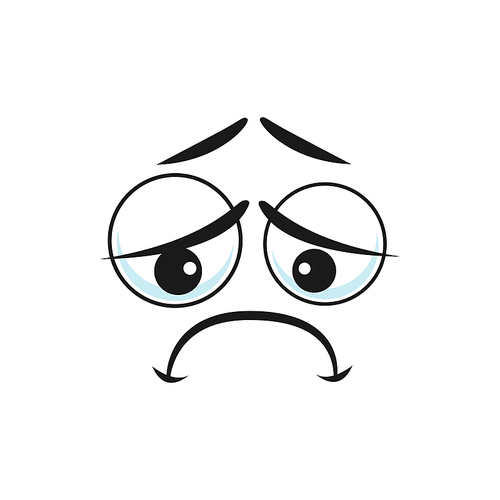 Cartoon sad face, unhappy or upset vector emoji. Negative feelings, pained facial expression with pathetic eyes and closed curved mouth. Sadness emotion isolated on white background
