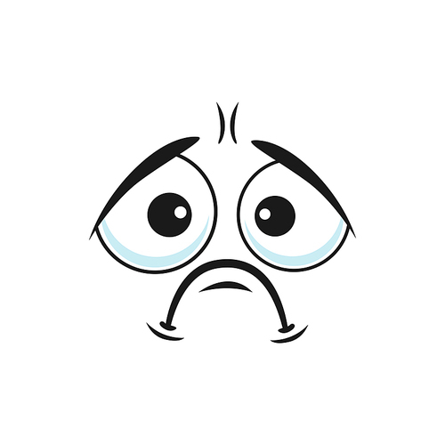 Cartoon sad face, vector unhappy or upset emoji, tragic facial expression with plaintive look and corners of the mouth curve down. Negative feelings, sadness emotion isolated on white background