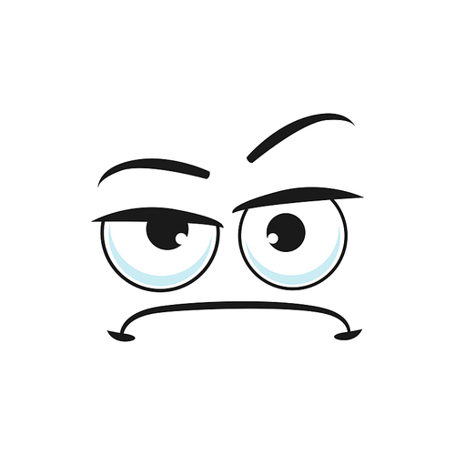 Cartoon face vector suspecting emoji with squinted eyes look sullenly and closed mouth with corners curved down. Doubt facial expression, suspect funny feelings isolated on white background