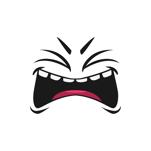 Happy laughing cartoon face, vector emoji, facial expression with wide laugh toothy mouth and closed eyes. Isolated personage positive feelings
