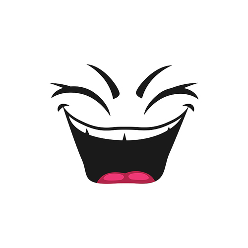 Cartoon face, vector happy laughing emoji, facial expression with laugh toothy mouth and closed eyes. Positive feelings isolated on white background