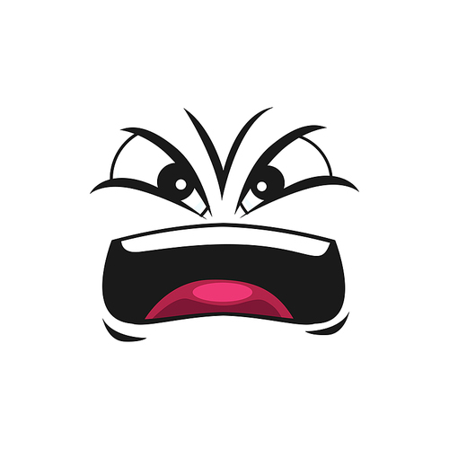 Cartoon angry face vector yelling emoji with mad eyes and yell mouth. Aggressive comic face with furrowed brows, furious boss ctying facial expression isolated on white background