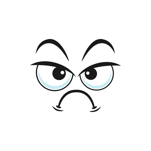 Cartoon face, vector disgruntled or upset emoji, funny facial expression with curved mouth and frown eyebrows. Negative dissatisfied feelings, comic emotion isolated on white background