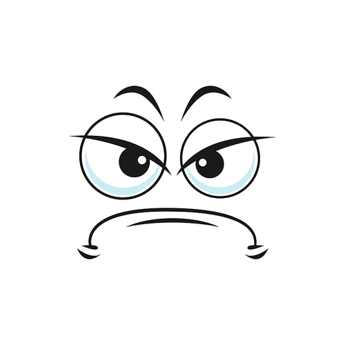 Cartoon face negative expression, vector displeased emoji with squinted eyes look sullenly and closed mouth with corners curved down. Sullen facial emoji, isolated personage bad feelings