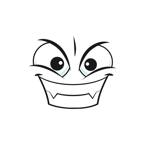 Evil scary cartoon smile face, smiling vampire vector emoji. Monster with sharp teeth, demon with fangs gloat emotion. Malefactor with angry eyes and laughing toothy mouth. Halloween character