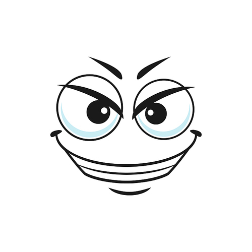 Cartoon villain face, vector gloat laugh emoji with angry eyes and laughing toothy mouth. Negative facial expression, funny feelings isolated on white background