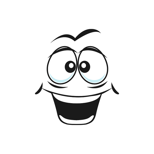 Happy cartoon face with wide toothy smile, excited facial emoji. Funny vector emotion. Comic face with open smiling mouth and goggle eyes isolated on white background