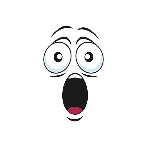 Cartoon wow face, funny surprised emoji, astonished vector character. Dumbfounded facial expression with wide open mouth and goggle eyes, shocked feelings isolated on white background