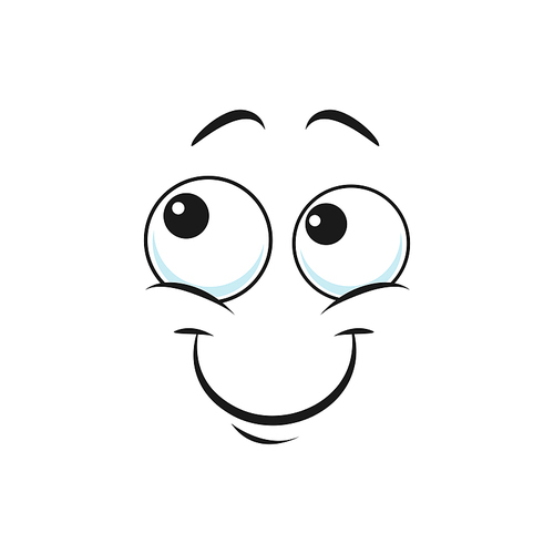 Cartoon smiling face vector funny emoji with friendly scenery smile and round eyes. Happy facial expression, positive feelings, cute dreamy character looking up, gladness emotions, joy