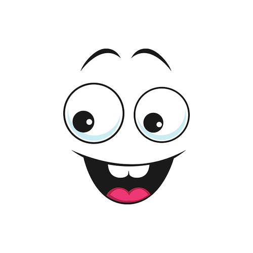 Excited happy face, cartoon vector emoji with wide smile, happiness facial expression. Comic face with toothy smiling mouth and round eyes. Funny emotion isolated on white background