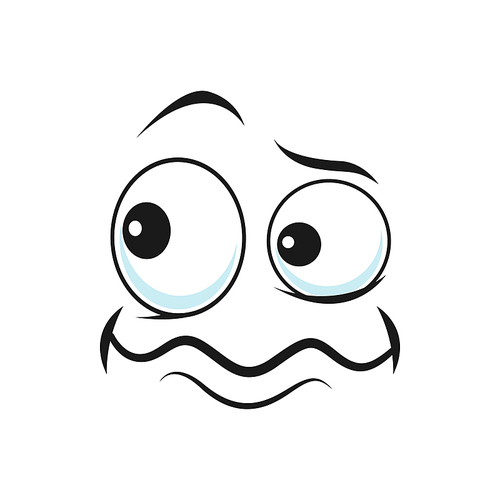 Cartoon disgruntled face vector funny facial emoji with round eyes and tremble mouth. Comic discontented face, wrathy emotion isolated on white background