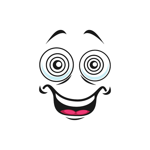 Hypnotized cartoon face isolated vector delighted smile facial emoji of funny creature. Happy emotion, comic face with toothy smiling mouth and goggle round eyes with spirals