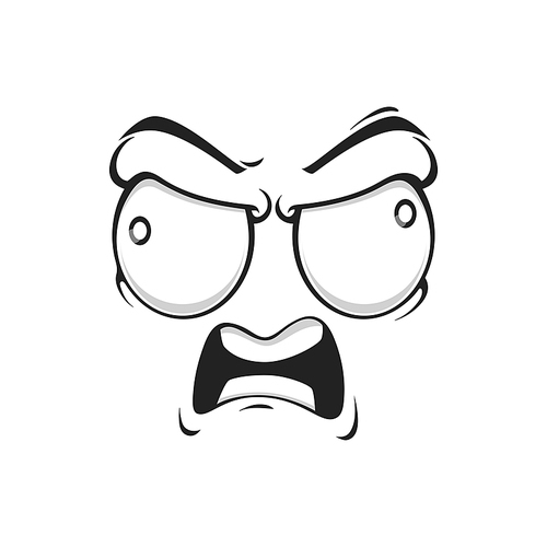 Cartoon angry face with mad eyes and yell mouth. Vector yelling emoji, furious boss facial expression, aggressive feelings, comic face with furrowed brows isolated on white background