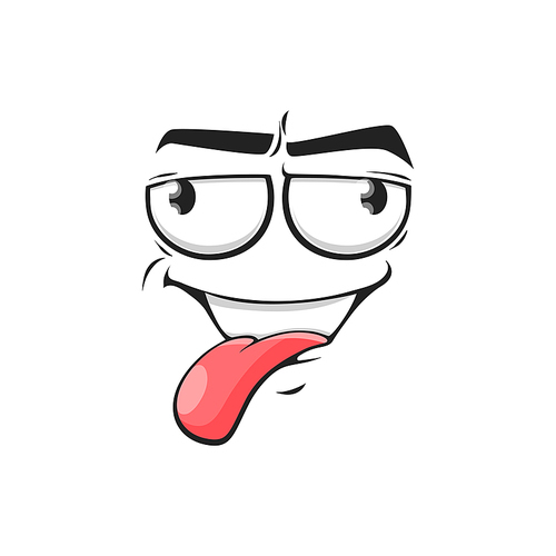Cartoon face show pink tongue, vector teasing facial expression, funny emoji. Naughty comic character emotion fooling isolated on white background