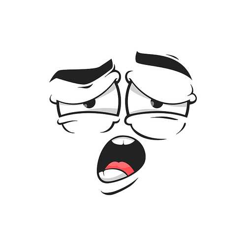 Cartoon yawning face vector tired emoji with open mouth and exhausted eyes. Funny facial expression, feelings, yawn character emotion isolated on white background