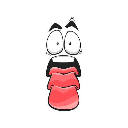 Cartoon shocked face with long folded tongue, funny vector character, astonished emoji. Dumbfounded facial expression with wide open mouth and goggle eyes, wow feelings