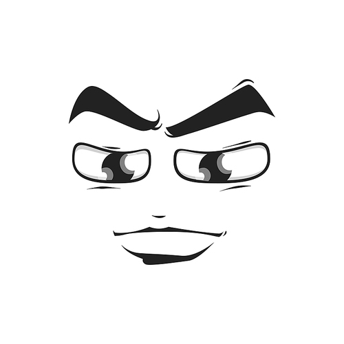 Cartoon face vector emoji with big eyes and closed mouth with sensual wide lips. Calm male character, confident facial expression, isolated anime or manga face