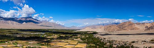 Panorama of Indus valley in Himalayas from Thiksey gompa. Ladakh, India