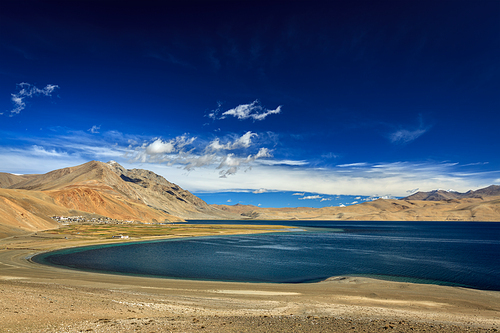 Himalayan lake Tso Moriri in Himalayas and Korzok village, Ladakh, India