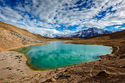 Dhankar lake in Himalayas. Spiti valley, Himachal Pradesh, India