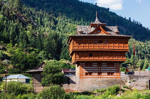 Bhimakali Temple dedicated to the mother goddess Bhimakali, Sarahan, Kinnaur, Himachal Pradesh, India. Traditional architecture of Himachal Pradesh - layers of woods are alternated with broken stones