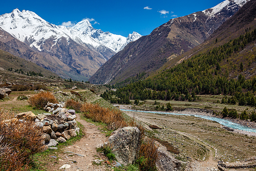 Old trade route in Himalaya surrounded with stones to Tibet from Chitkul village from Sangla Valley. Himachal Pradesh, India