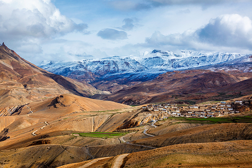 Comic Village on high altitude in Himalayas. Spiti Valley, Himachal Pradesh, India