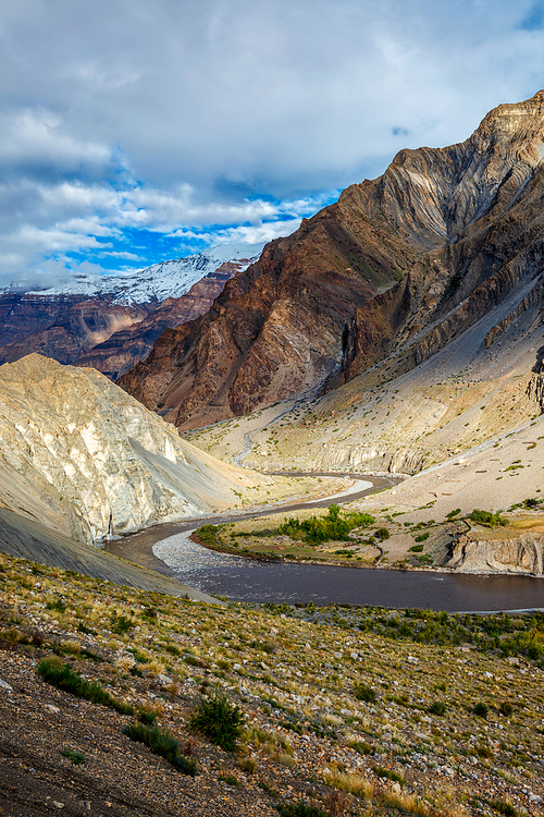 Spiti Valley in Himalayas mountains and Spiti river, Himachal Pradesh, India