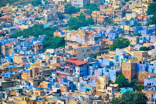 Aerial view of Jodhpur, also known as Blue City due to the vivid blue-painted Brahmin houses around Mehrangarh Fort. Jodphur, Rajasthan, India. Tilt shift miniature toy effect